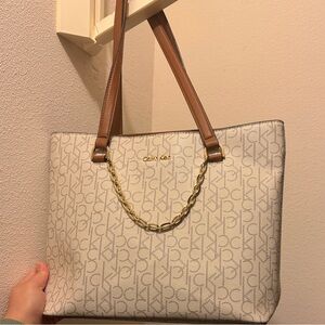Calvin Klein Cream Logo Tote with Brown Straps and Gold Chain